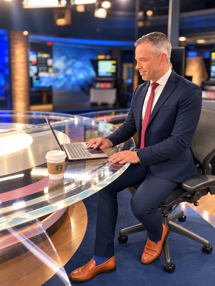 Author Andrew Luria at the anchor desk in a TV news studio