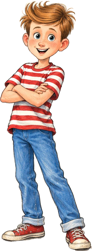 Charlie Marley grinning with his arms crossed, in his red-and-white striped shirt, cuffed jeans and red high-tops