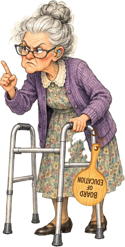 Mrs. Cooper wagging her finger over her walker, with her frying-pan-shaped Board of Education paddle tucked into it
