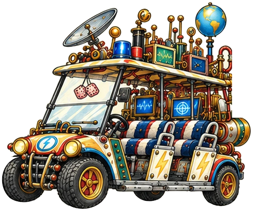 The Flogtrac, a four-door time machine cart covered in antennas, dials, a satellite dish and fuzzy dice