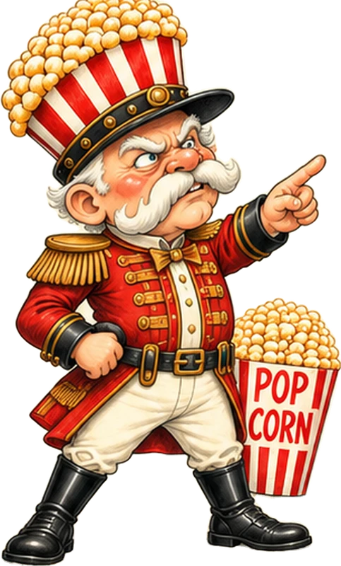 Colonel Kernel in a red uniform and a striped popcorn hat, pointing