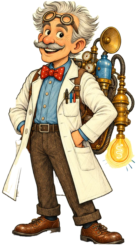 Midnight McLean with swept-back silver hair, forehead goggles, a big mustache, red bow tie, lab coat and his gadget backpack with a glowing bulb