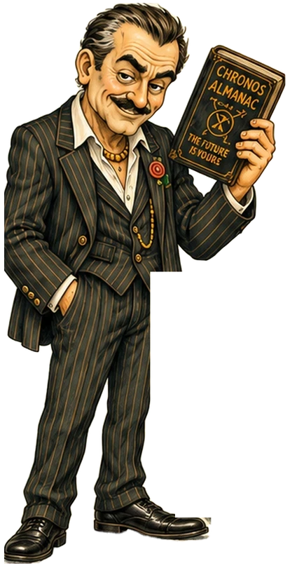 Uncle Riggo in a sharp pinstripe suit and gold chain, holding up his Chronos Almanac with a sly smile