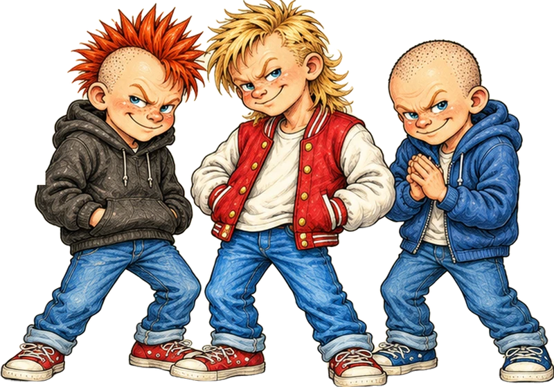 The Oakley triplets: Buster with spiky red hair and a black hoodie, Rocky with a blond mullet and red varsity jacket, and bald Dizzle rubbing his hands