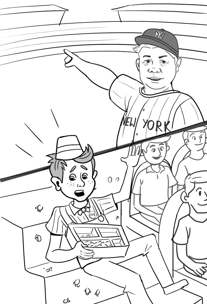 Book illustration: Charlie, a popcorn seller in the bleachers, looks shocked as Babe Ruth points toward the outfield
