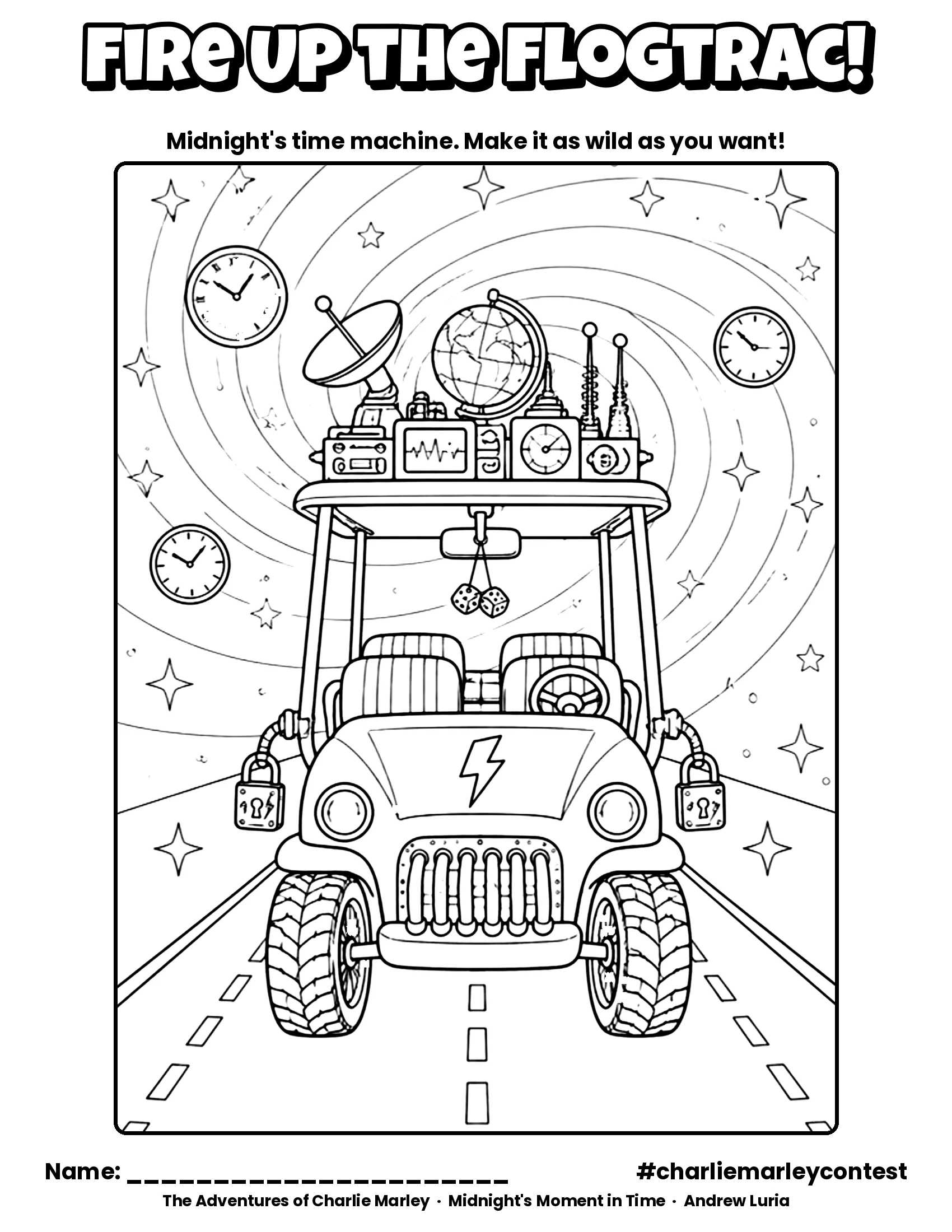 Coloring page: the Flogtrac time machine driving down the middle of the road under a swirling time tunnel