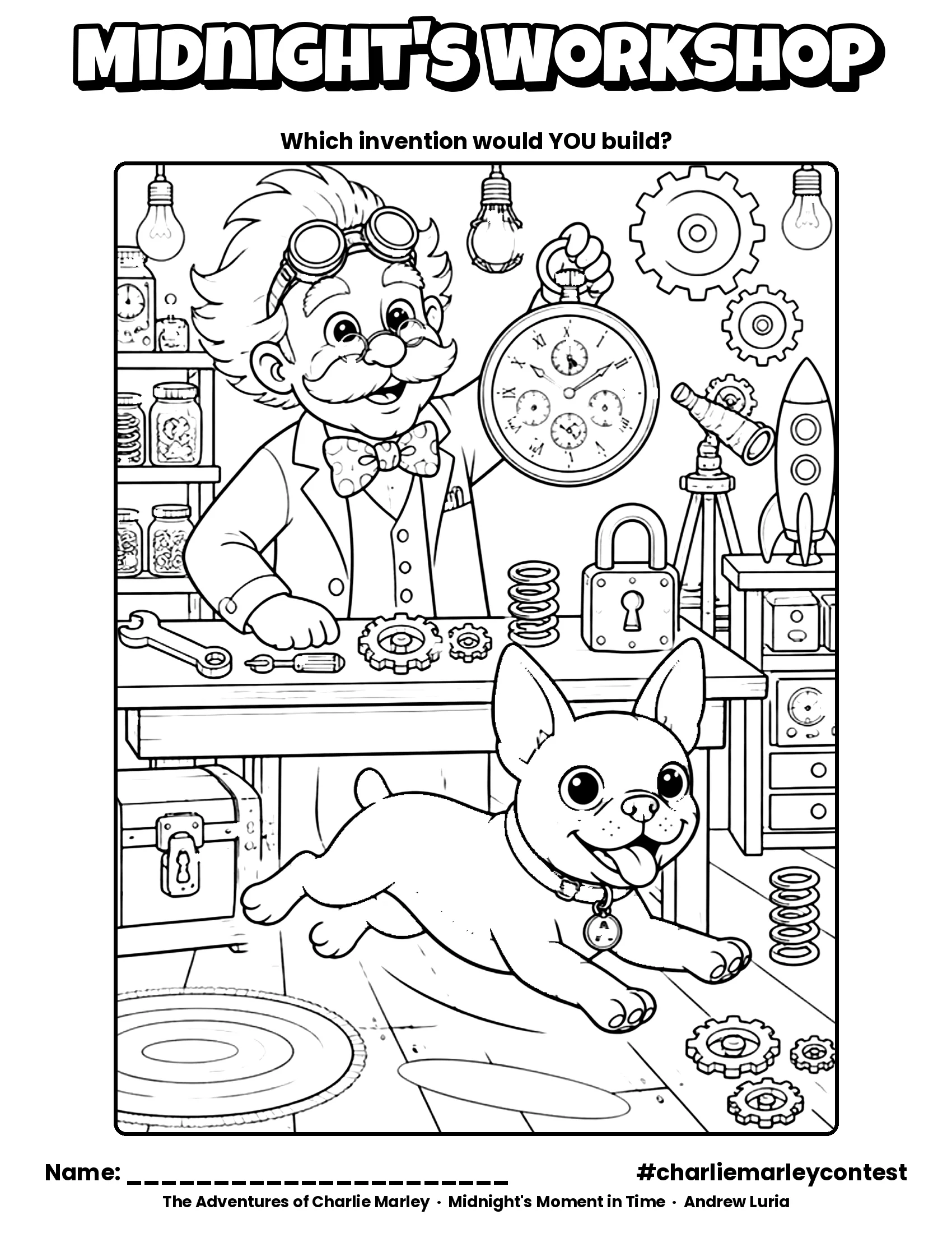 Thumbnail: Midnight holds up a giant pocket watch in his workshop while Albert leaps across the floor