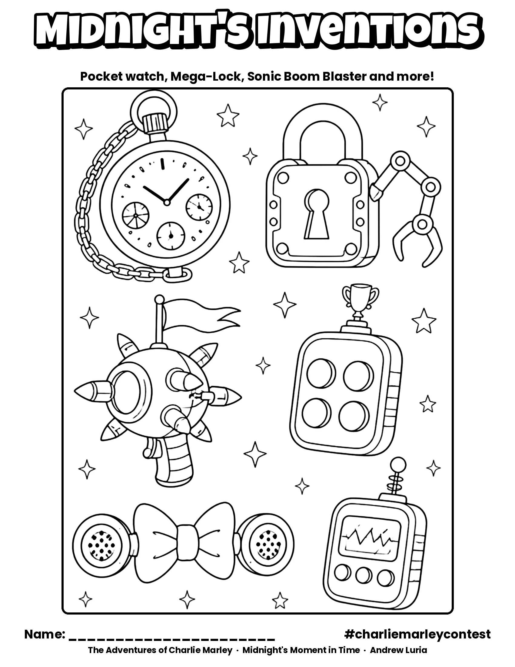 Thumbnail: six of Midnight's wacky inventions, including a pocket watch, a giant padlock and a firework blaster