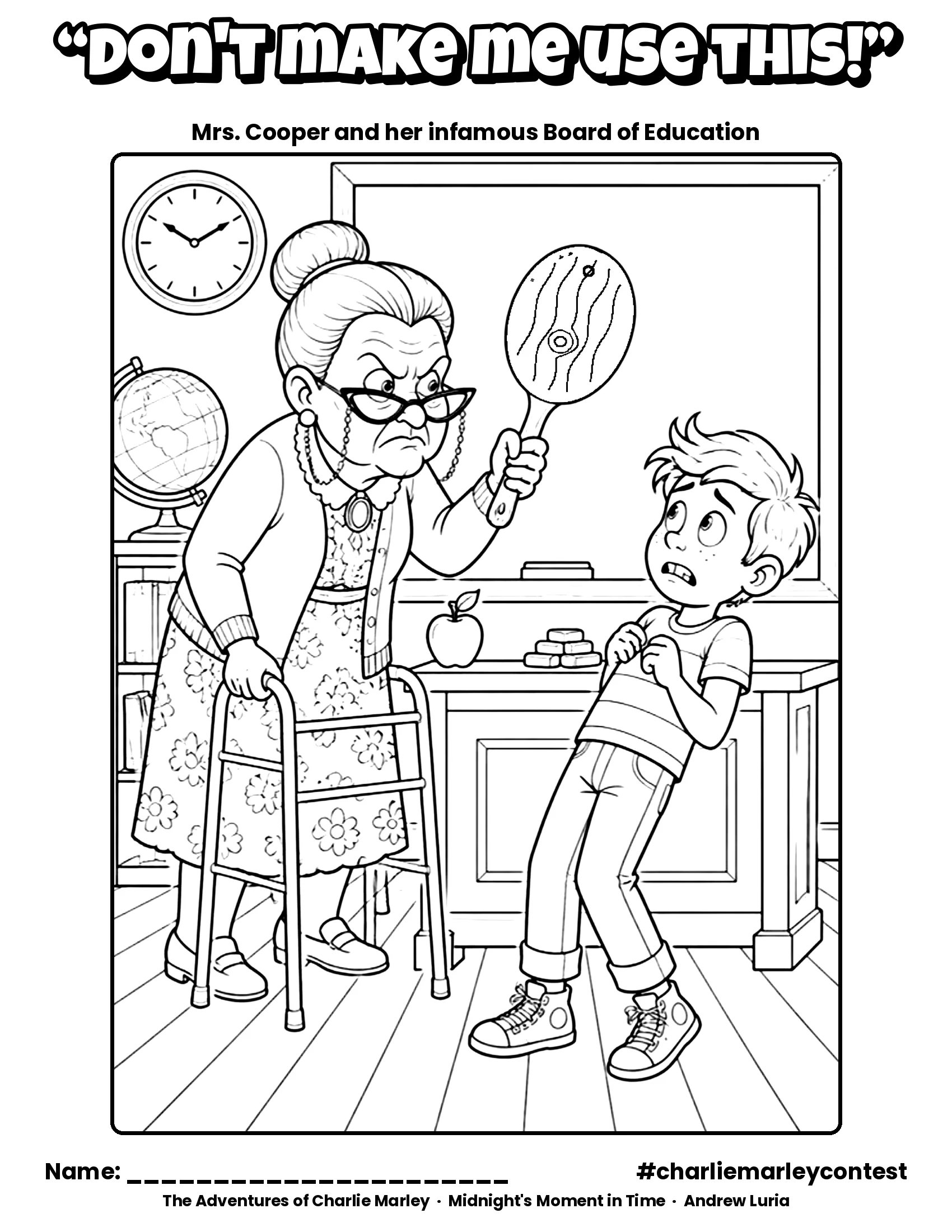 Thumbnail: Mrs. Cooper holds up her wooden Board of Education while Charlie gulps