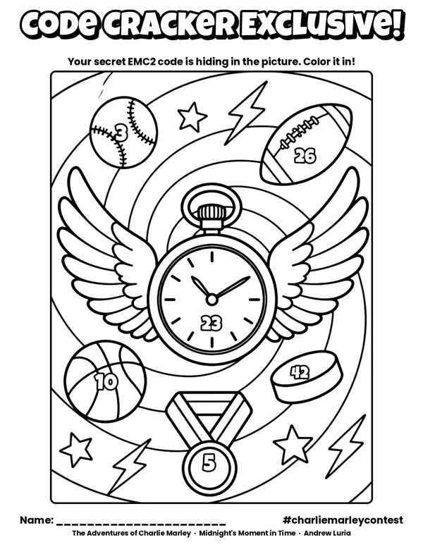 Exclusive coloring page: a winged pocket watch soaring through a time tunnel with a baseball, football, basketball, hockey puck and gold medal, each hiding one of the six code numbers