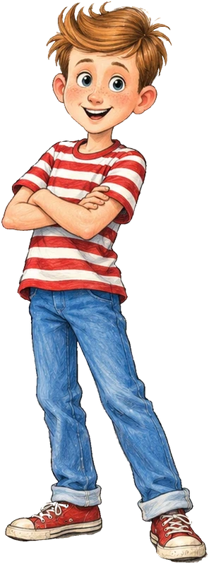 Charlie Marley grinning with his arms crossed, in his red-and-white striped shirt, cuffed jeans and red high-tops