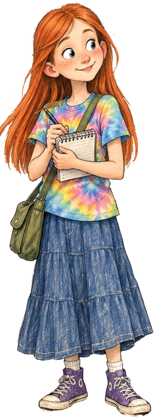 Emma Mayfield, ace reporter, taking notes in her notepad, with her satchel, tie-dye shirt and purple high-tops