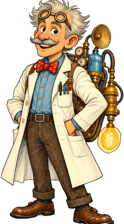Midnight McLean with swept-back silver hair, forehead goggles, a big mustache, red bow tie, lab coat and his gadget backpack with a glowing bulb